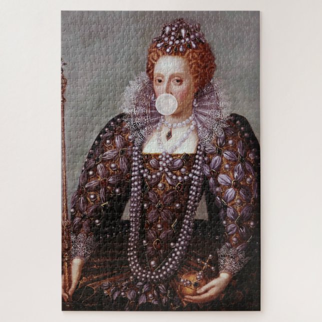 Quebra-cabeça Rainha Elizabeth I soprando goma de bolhas branca (Vertical)
