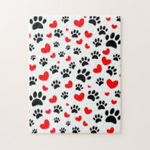 Random Dog Paw Prints And Red Hearts