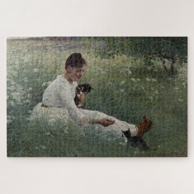 Quebra-cabeça Rapariga com Gatos na Paisagem de Verão (Kittens) (Horizontal)