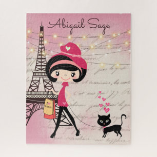 Quebra-cabeça Rapariga e Gato Personalizados na Torre Eiffel de