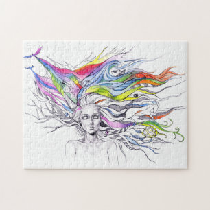 Quebra-cabeça Rapariga Sonha Cabelos coloridos Arte de fantasia