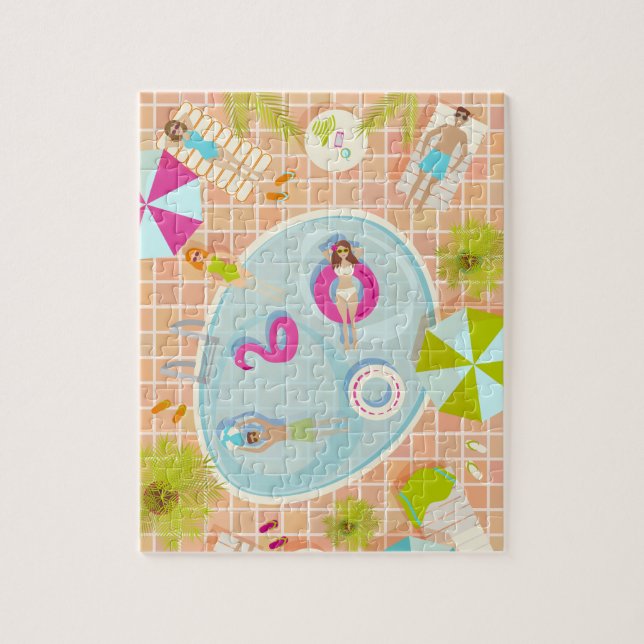 Quebra-cabeça Raparigas Bikini e caras jogando piscina de nataçã (Vertical)