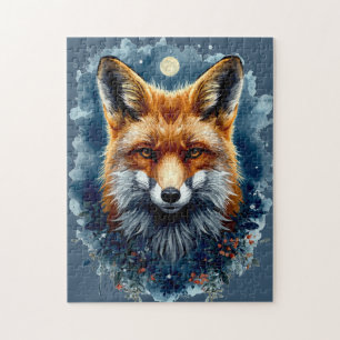 Quebra-cabeça Raposa Aquarela Lua Floresta Animal Estética