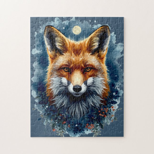 Quebra-cabeça Raposa Aquarela Lua Floresta Animal Estética (Vertical)