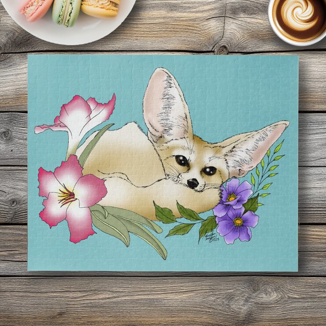 Quebra-cabeça Raposa Fennec Flores Rosa Roxo Fofo Botânico Azul (Criador carregado)