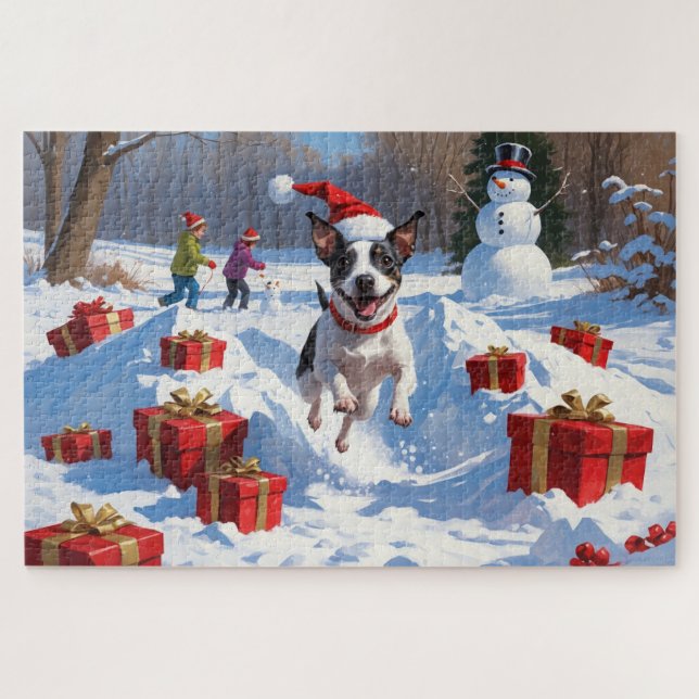 Quebra-cabeça Rat Terrier Correndo na Neve com Chapéu de Natal (Horizontal)