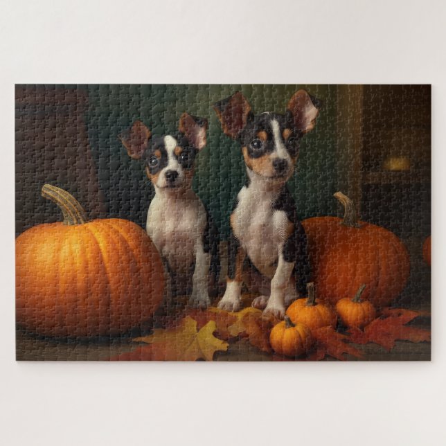 Quebra-cabeça Rat Terrier Puppy Autumn Delight Pumpkin (Horizontal)