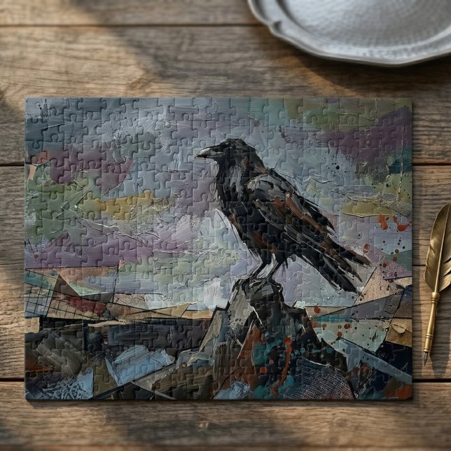 Quebra-cabeça Raven on Peak – Impasto Corvid Dark Gothic (Dark gothic raven jigsaw puzzle)