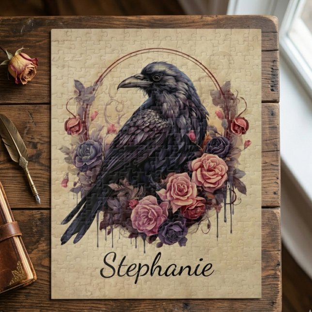 Quebra-cabeça Raven & Roses – Presente Floral Gótico para Ela (Raven and roses gothic floral jigsaw puzzle for her)