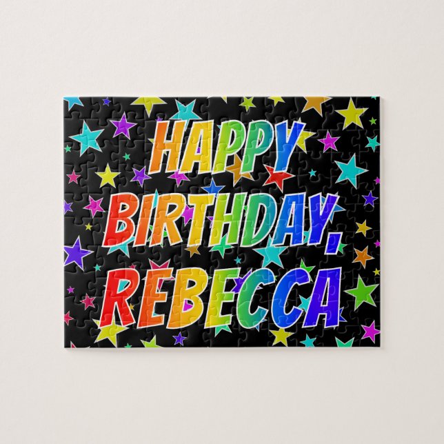 Quebra-cabeça "REBECCA" Primeiro Nome, Diversão "FELIZ ANIVERSÁR (Horizontal)