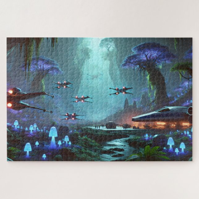 Quebra-cabeça Rebel Starships in a Bioluminescent Alien Valley (Horizontal)