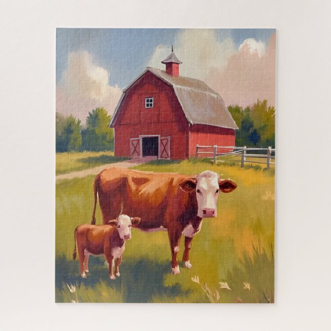 Quebra-cabeça Red Barn Farm Animals Cow Painting (Vertical)