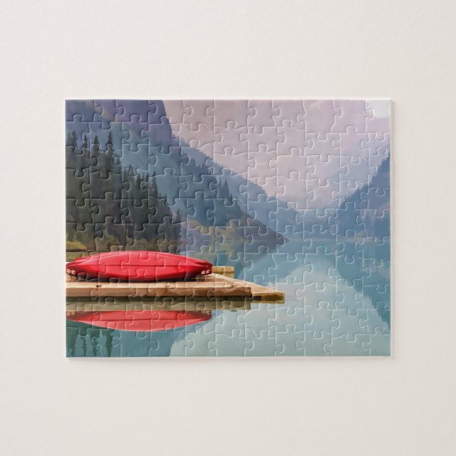 Quebra-cabeça Red Canoon Tranquil Mountain Lake Wilderness art (Horizontal)