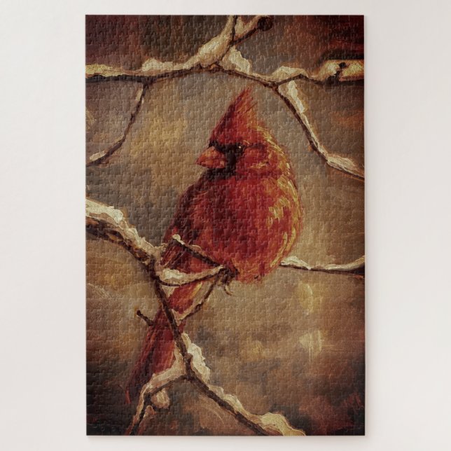 Quebra-cabeça Red Cardinal Bird Oil Painting – Winter Branch (Vertical)