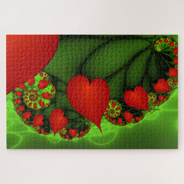 Quebra-cabeça Red Hearts Verde limão Arte Fractal Moderna Abstra (Horizontal)