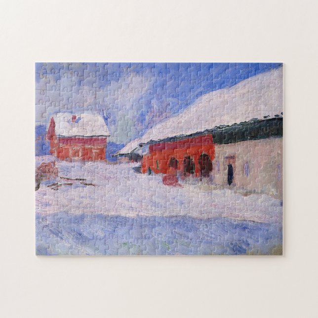 Quebra-cabeça Red Houses Bjornegaard Snow Norway Monet Fine Art (Horizontal)
