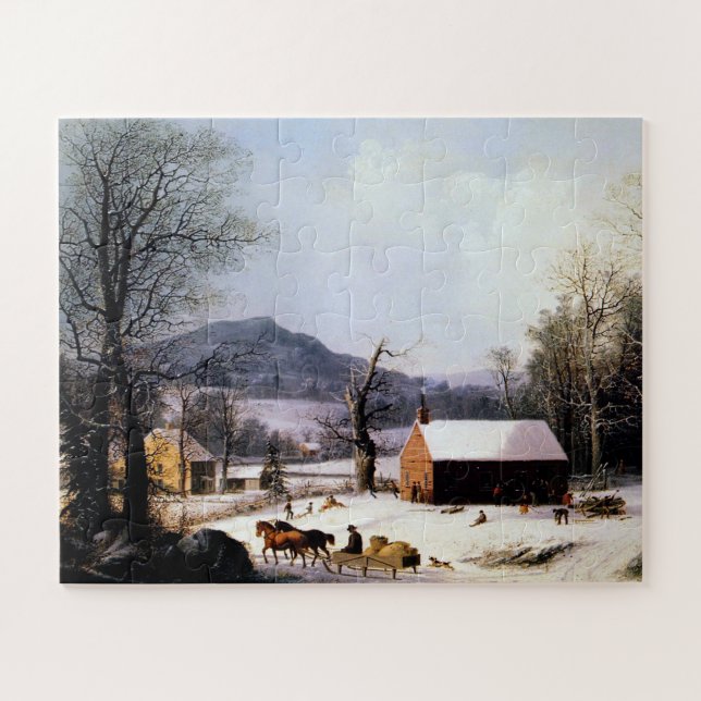 Quebra-cabeça Red School House Winter George Henry Durrie 1858 (Horizontal)