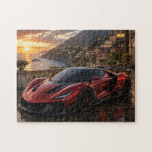 Red Supercar at Mediterranean Sunset