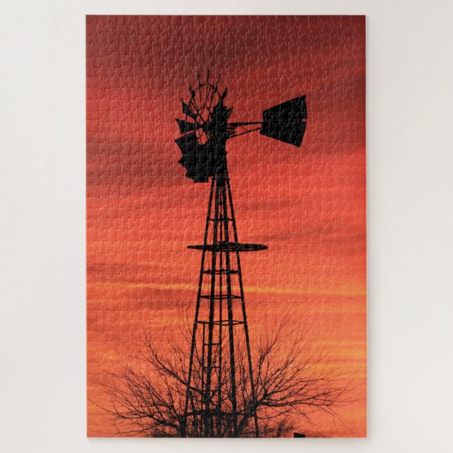 Quebra-cabeça Red Twilight Kansas Sunset Windmill silhoule (Vertical)