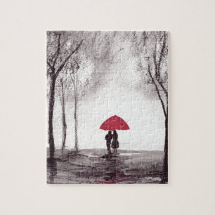 Quebra-cabeça Red umbrella love couple watercolor wedding