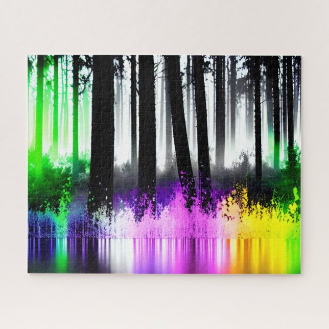 Quebra-cabeça Reflexão da Floresta Amarela Púrpura Neon Verde Ro (Horizontal)