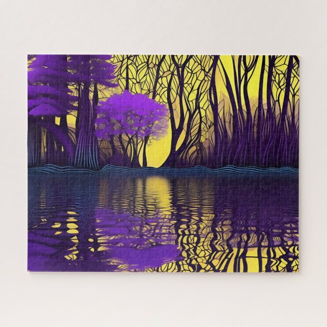 Quebra-cabeça Reflexão Florestal Roxa e Amarela sobre Água (Horizontal)