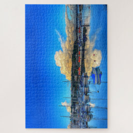 Quebra-cabeça Reflexos de Brixham: Nuvens Douradas e Vista para