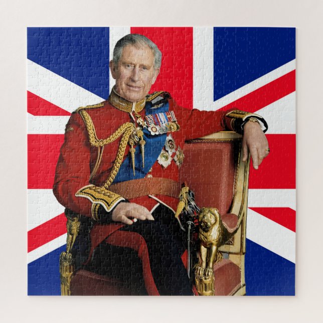 Quebra-cabeça Rei Charles III com bandeira britânica (Vertical)