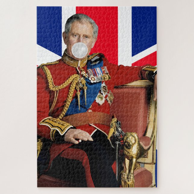 Quebra-cabeça Rei Charles soprando chiclete branco bandeira brit (Vertical)