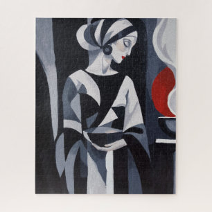 Quebra-cabeça Relógio com retrato de mulher Art Déco preto e bra