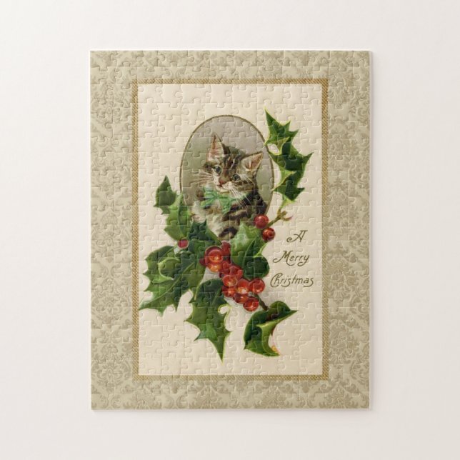 Quebra-cabeça Reprodução de Vintage de Natal Holly Cat (Vertical)