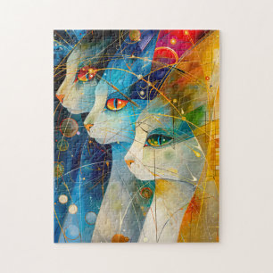 Quebra-cabeça retrato abstrato de gato contra uma galáxia vibran