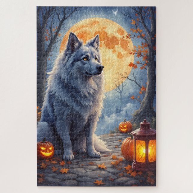 Quebra-cabeça Retrato Artístico de Keeshond na Lua Cheia no Hall (Vertical)