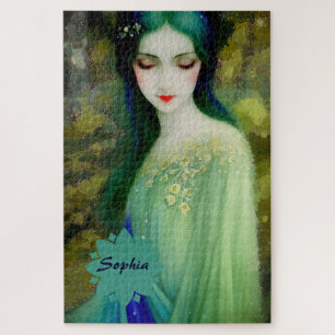 Quebra-cabeça Retrato da Mulher Fantasia Elegante em Verde e Azu