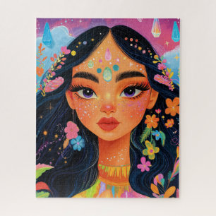 Quebra-cabeça Retrato de Garota Encantada com Flores e Cristais
