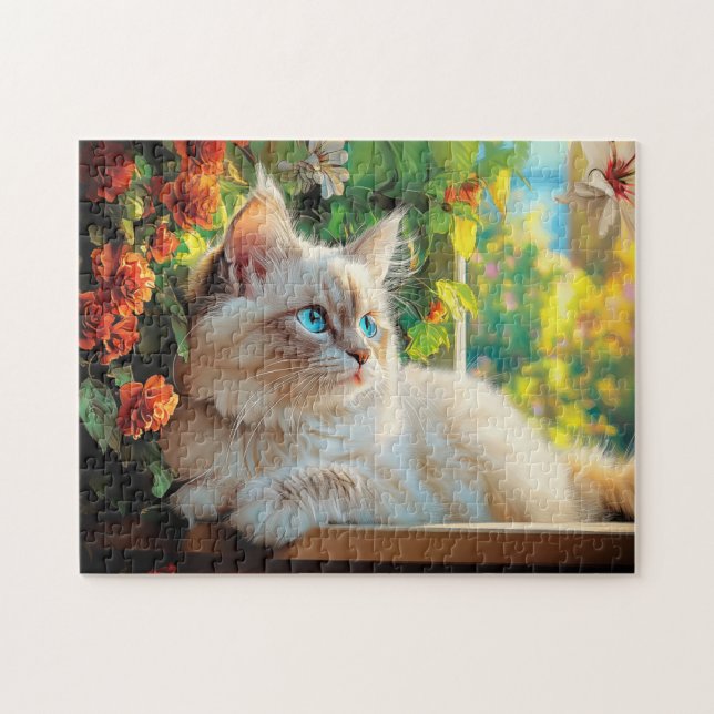 Quebra-cabeça Retrato de gato Ragdoll com flores (Horizontal)
