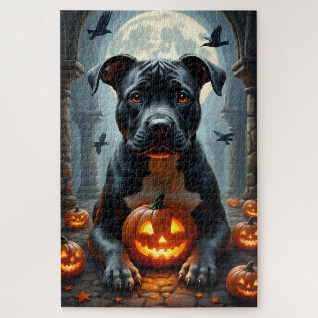 Quebra-cabeça Retrato de Halloween da Catedral Gótica do Pitbull (Vertical)