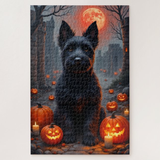 Quebra-cabeça Retrato de Halloween do Terrier Escocês no Castelo (Vertical)