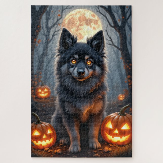 Quebra-cabeça Retrato de Keeshond na Lua Cheia no Halloween Arte (Vertical)