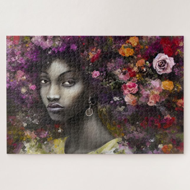 Quebra-cabeça Retrato de Mulher Negra Whimsical com Cabelo Flora (Horizontal)
