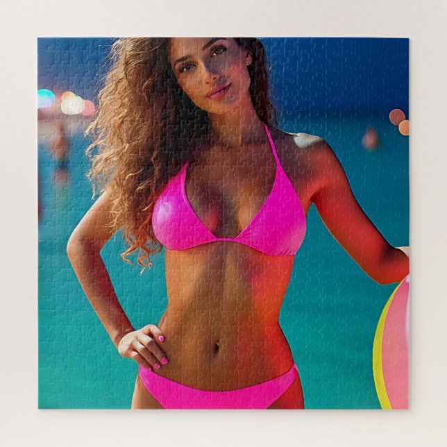 Quebra-cabeça Retrato de Praia Twilight — Mulher do Neon Pink Bi (Vertical)