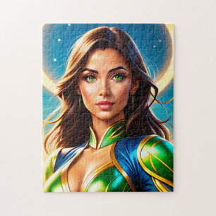 Quebra-cabeça Retrato de super-herói feminino na armo esmeralda