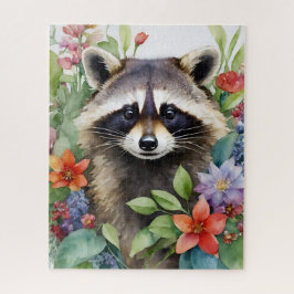 Quebra-cabeça Retrato Floral de Racoon Watercolor