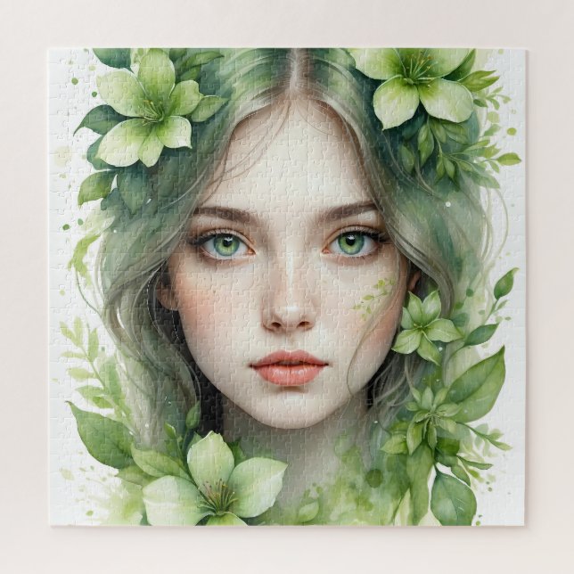 Quebra-cabeça Retrato Floral Verde de uma mulher (Vertical)