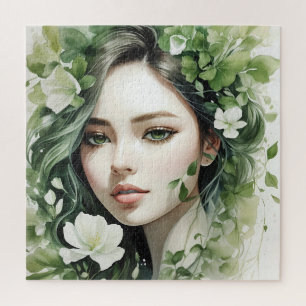 Quebra-cabeça Retrato Floral Verde de uma mulher