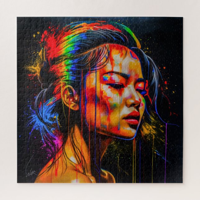 Quebra-cabeça Retrato Neon Vibrante - Arte Expressionista Abstra (Vertical)