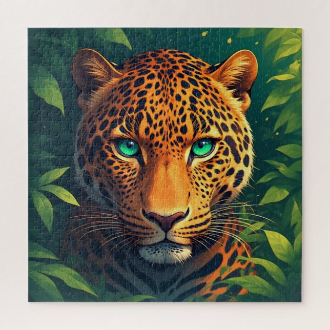 Quebra-cabeça Retrato Vibrante de Leopardo com Olhos Esmeralda (Vertical)
