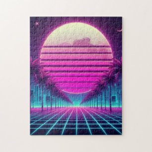 Quebra-cabeça retrô, 80 anos lua neon/palmas