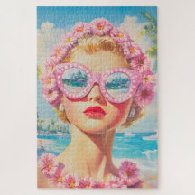 Retro Beach Girl com óculos de sol florais