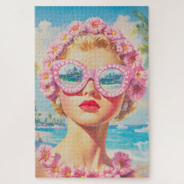 Quebra-cabeça Retro Beach Girl com óculos de sol florais